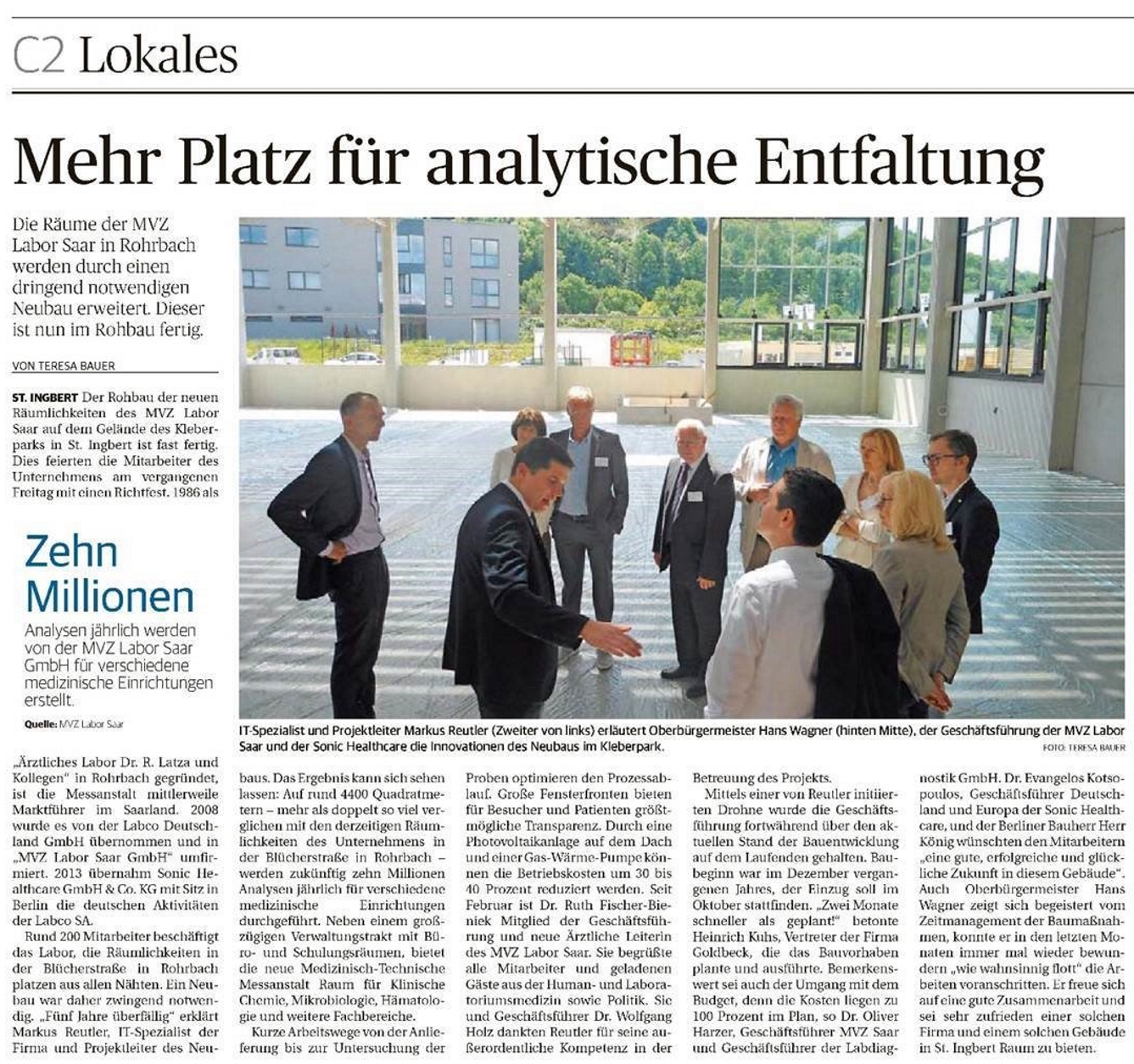 Die Saarbrücker Zeitung besucht das Richtfest und erläutert die Vorteile der zukünftigen Räumlichkeiten des MVZ Labor Saar.