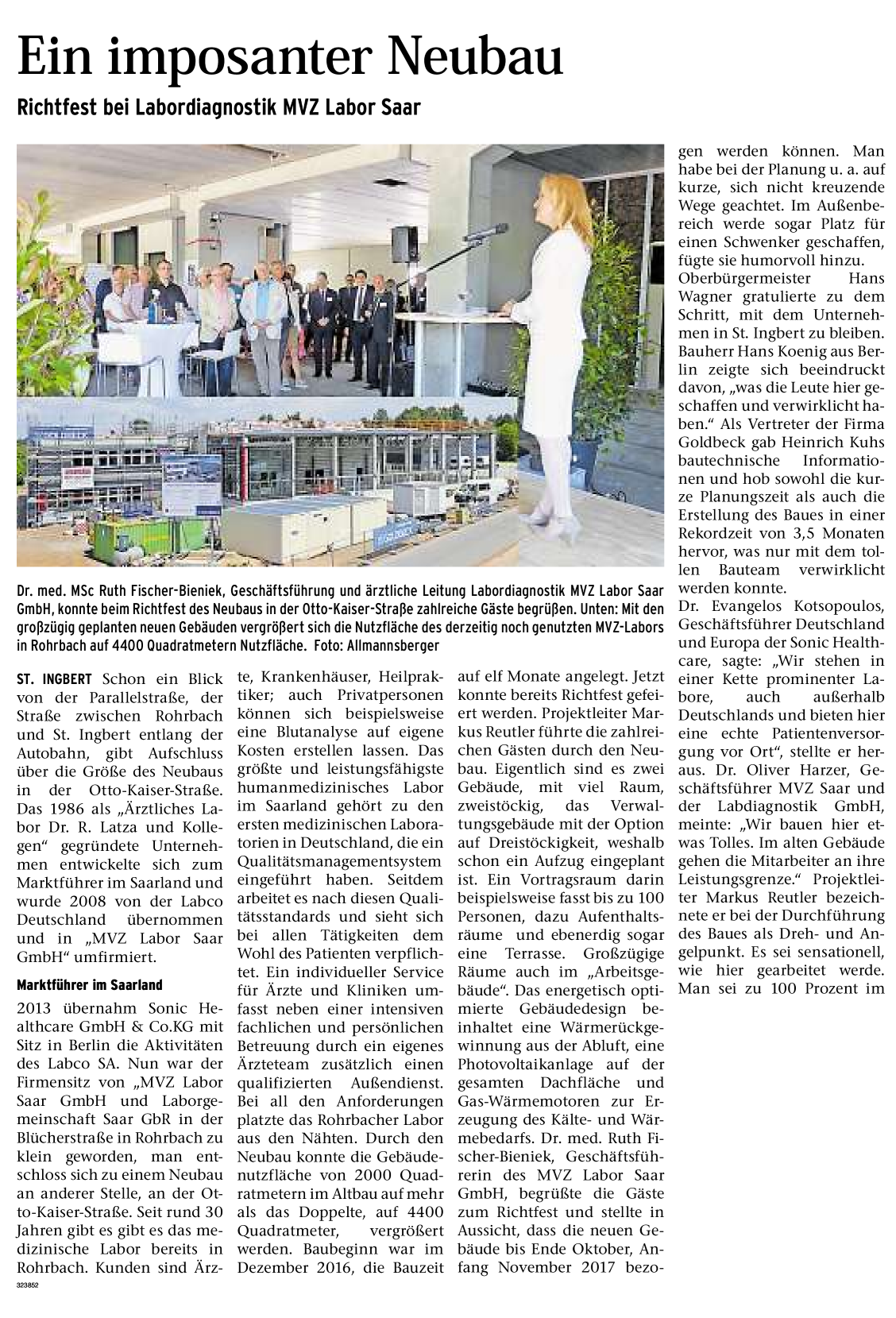 Große Fortschritte beim Neubau des MVZ Labor Saar. Der Wochenspiegel berichtet über das Richtfest.